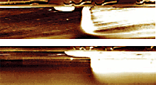 SCM image of a good (top) and failed (bottom) silicon device. The bottom image displays a short circuit between the two doped regions. 8£gm x 2£gm scan.