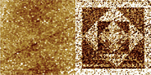 Topographic (left) and SCM dC/dV image (right) of a PNZT ferroelectric film. Dark and bright areas correspond to oppositely polarized regions. The different polarization regions were written using the SCM at different scan sizes and sample bias voltages prior to this SCM scan. 25£gm scan.