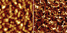Height/topography (left) and capacitance (SCM) dC/dV phase images (right) of FerroElectric thin film on top of platinum electrode. Height image shows granular structure of thin film with 20-100nm sized grains. The SCM dC/dV phase image shows individual grains¡¦ polarization states; it is obtained by applying a small amplitude AC voltage between tip and sample that modulates the capacitance at the same frequency (DC voltage is kept at 0V not to change the polarization state by the presence of AFM tip). Ferroelectric polarization state is determined by charge measurement performed in SCM. The resolution of the SCM technique allows one to observe variations within single grains.