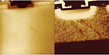 Topography (left) and resistance (right) scans of a cross-sectioned Si DMOS transistor.
