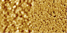 Topography (left) and SSRM resistance (right) scan of a granular metal film.