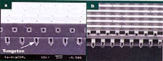 SEM images of Sandia’s 3-D tungsten photonic crystal. The images taken with (a) and without (b) oxide. The tungsten rod-width is 1.2µm and the rod-to-rod spacing is 4.2µm.