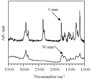 IR spectra of p(TDMA-tBVPC56) LB films with 80 layers by deep UV irradiation.
