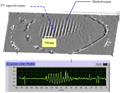 AZoJoMO - Journal of Materials Online - 3–D surface alignment pattern mapping of the evaporated surface of unpolarized UV–exposed PI–VA alignment film taken by the surface profiler for three hours evaporation. Vertical height information: » 0.28 nm (max.) for UV exposed region and a few angstrom surface roughness for the masked region.