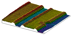 AZoM - The A to Z of Materials - Three dimensional reconstruction of the multiple single line profiles from the AFM. The defect is clearly visible in this color enhanced and rotated representation of the lines of the IC interconnect.