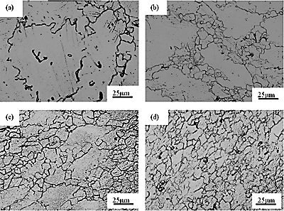 AZONANO - The AZO Journal of Materials Online - Flow stress curve and microstructures under 623 K and 0.01 s-1 (a) ε=0.10, (b) ε=0.3,(c) ε=0.5, (d) ε=1.0..