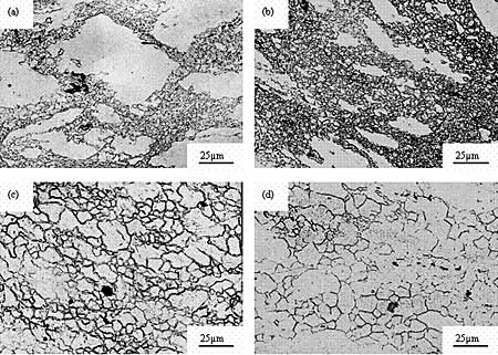 AZONANO - The AZO Journal of Materials Online - Micrographs of AZ61 alloy with strain rate 1×10-2s-1. (a) 523 K, (b) 573 K, (c) 623 K, (d) 673 K.