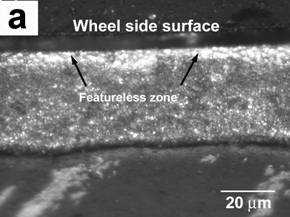 OM(a) and SEM-backscattered electrons (b) micrographs showing the morphology of the ribbon melt spun at 30 ms−1: (a) at the transverse cross-section and (b) at the chilling surface.
